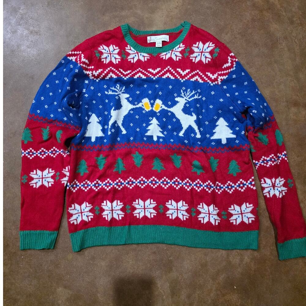 Jolly Sweaters Funny Ugly Christmas Sweater Mens XL Reindeer Roasting Beer Mugs
